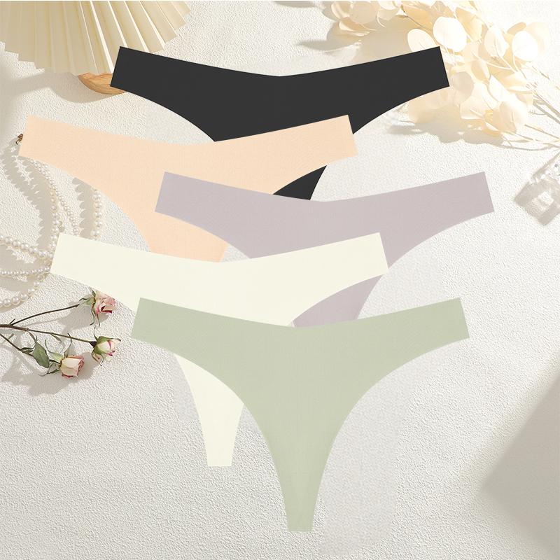 5PCS Women Ice Silk Seamless Underpants Panties Sexy V-Waist Sport Thongs Low Rise 10 Soild Colours Breathable G-string