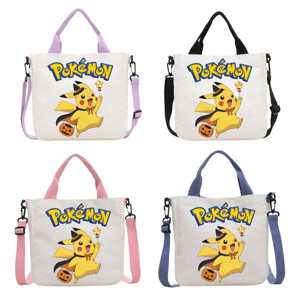 Pokemon Canvas Crossbody Bag Pikachu Cartoon Pattern Print Handbag Fashion Portable Large Capacity Travel Shopping Storage Kid Friendly Entertaining