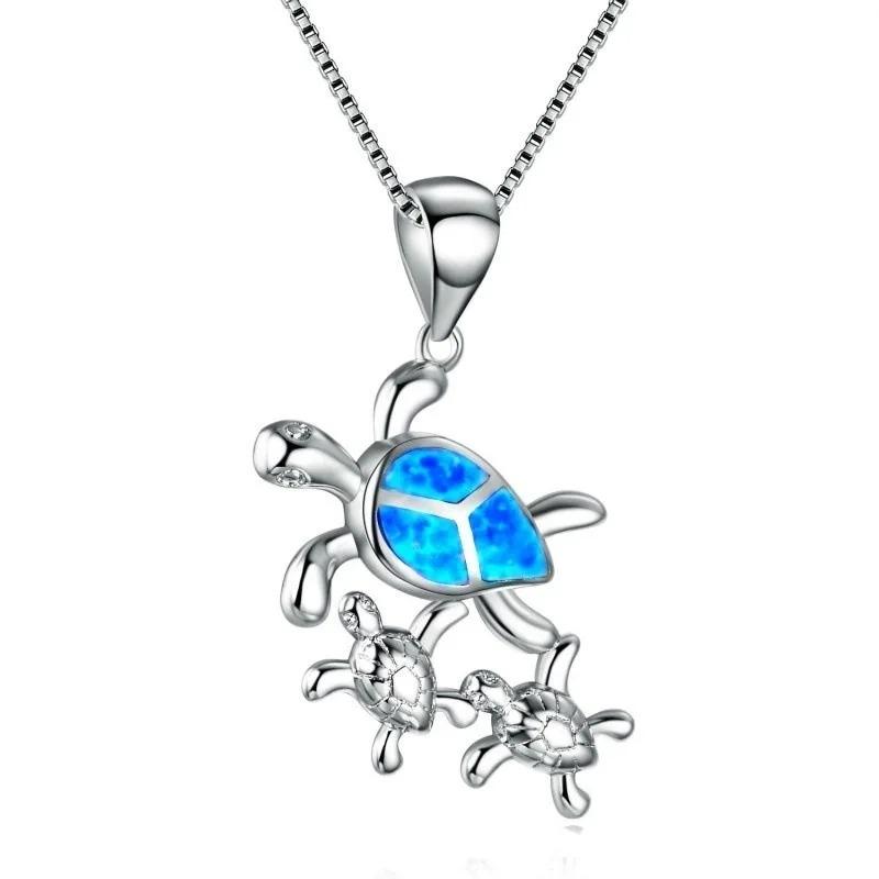 Boho Fashion Cute Sea Turtle Family Pendant Necklace for Women Girl Inlay Imitation Blue Opal Necklace Wedding Party Jewelry