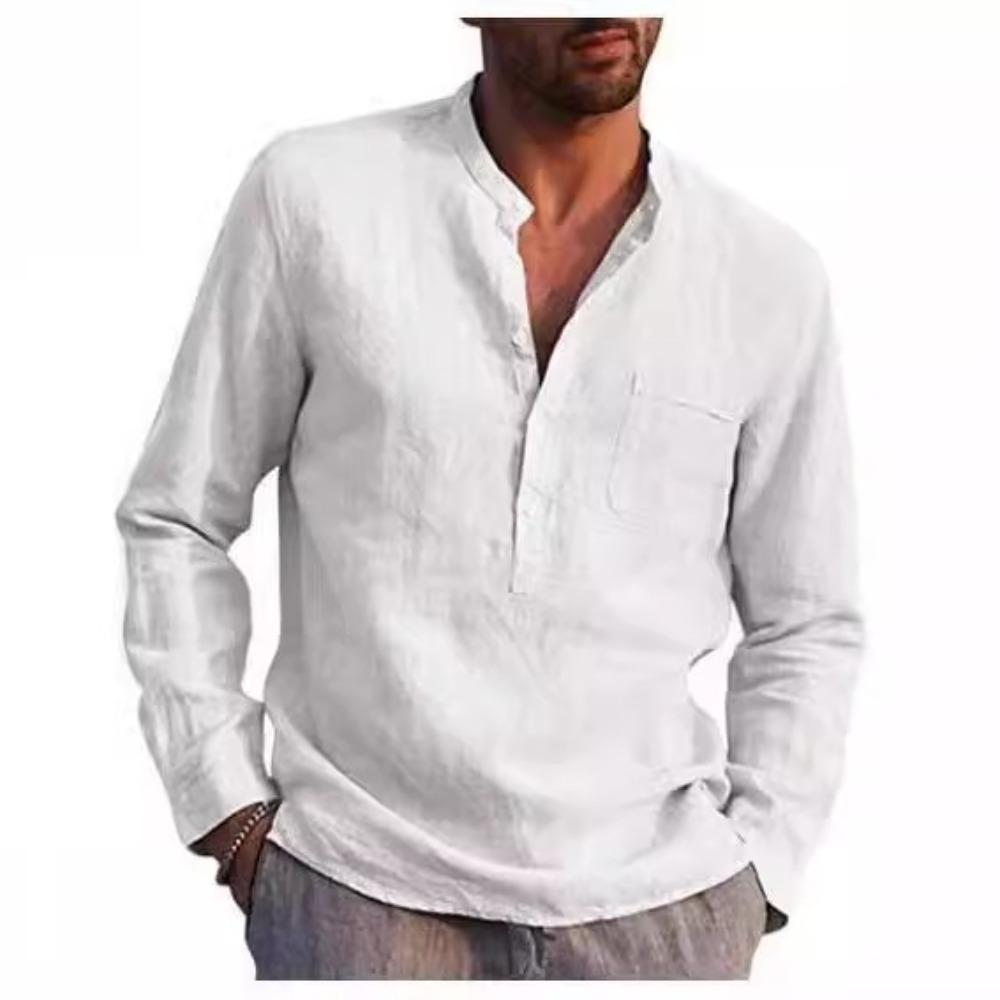 Heren Casual Strandlinnen Shirt met Lange Mouwen en V-hals