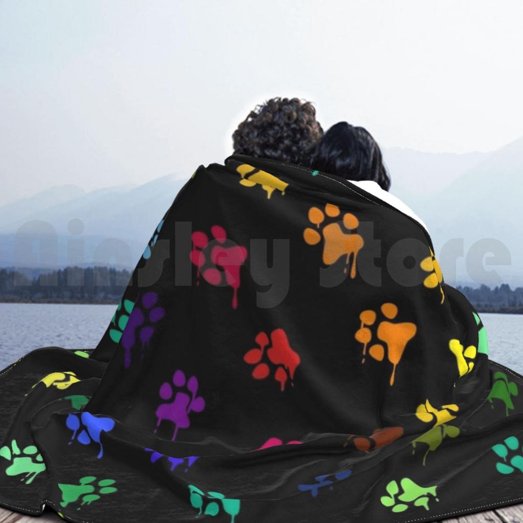Painted Paw Prints ( On Black ) Blanket Fashion Custom Paw Tracks Animal Artist Pattern Paws Dog Cat Rainbow
