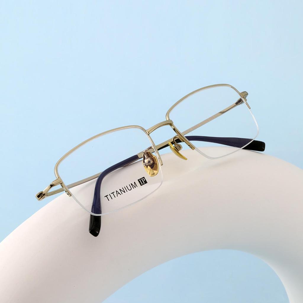 Men's Semi-Rim Titanium Eyeglass Frames with Wood Grain Temples for Prescription and Reading Glasses
