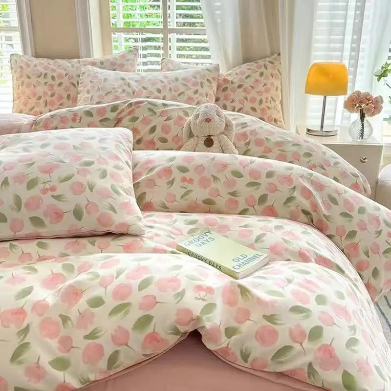 Pink Flowers Duvet Cover Set Ins Fashion Single Queen Size Girls Boys Flat Sheet Pillowcase No Filler Home Decor Bedding Set