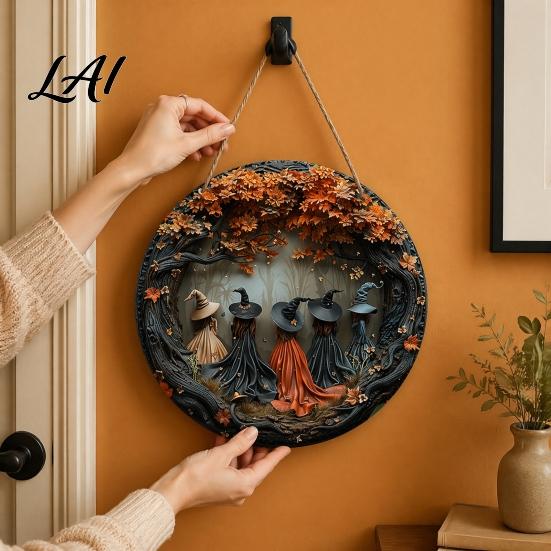 Unique House Warming Gift Halloween Round Wooden Hanging Door Sign with 5 Witches Decorative Outdoor Garden Plaque Wall for Home Front Porch