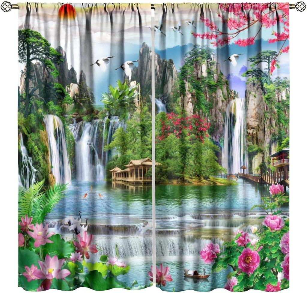 Blackout Red Forest Waterfall Windows Curtains Tree Landscape Woodland Scenic Nature Fall Scenery Art Printed Curtain Made Of Polyester Washable