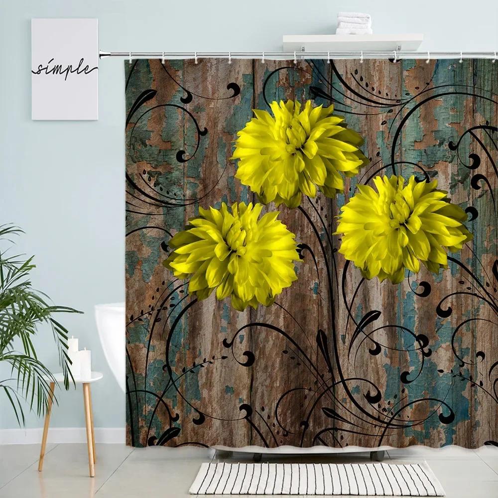 Retro Wood Board Flower Shower Curtains Creative Dahlia Floral Black Line Plant Old Plank Fabric Bathroom Decor Bath Curtain Set