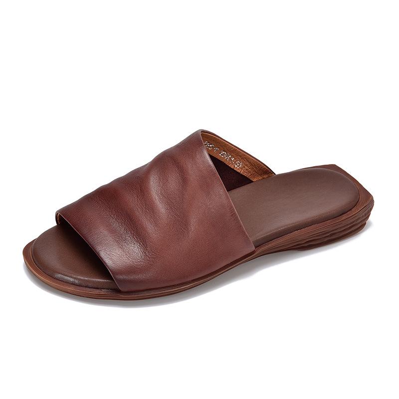 Women Retro Cowhide Flat Sandals Versatile Handmade Fish Mouth Slippers Casual Summer
