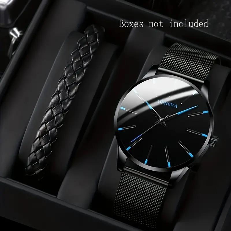 

2pcs/set Men Women Business Quartz Watch Minimalist Fashion Stainless Steel Band Wrist Watch & Bracelet, Gift For Him Her