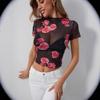 Summer New Net Fabric Flower Print Earflap Short-sleeved T-shirt Slimming Top for Women