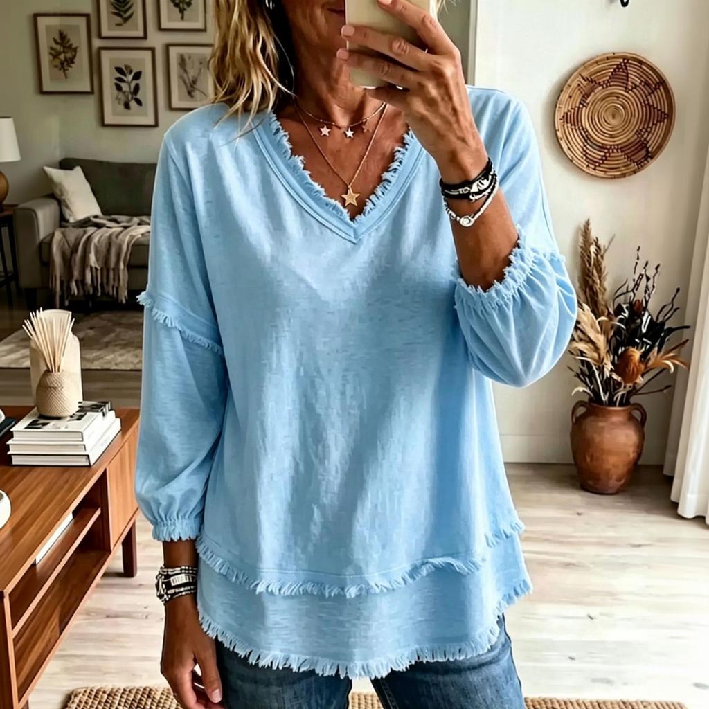 Women Casual Loose Fit Solid Color Three Quarter Sleeve Frayed Edge Trim V Neck Top Lightweight Comfortable Everyday Wear