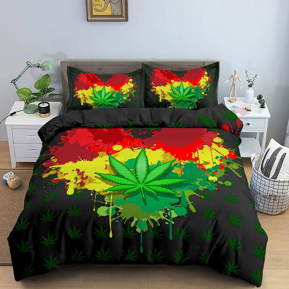 Maple Leaves King Queen Bedding Set Psychedelic Weed Leaf Duvet Cover Colorful Stripes 2/3Pcs Polyester Quilt Cover