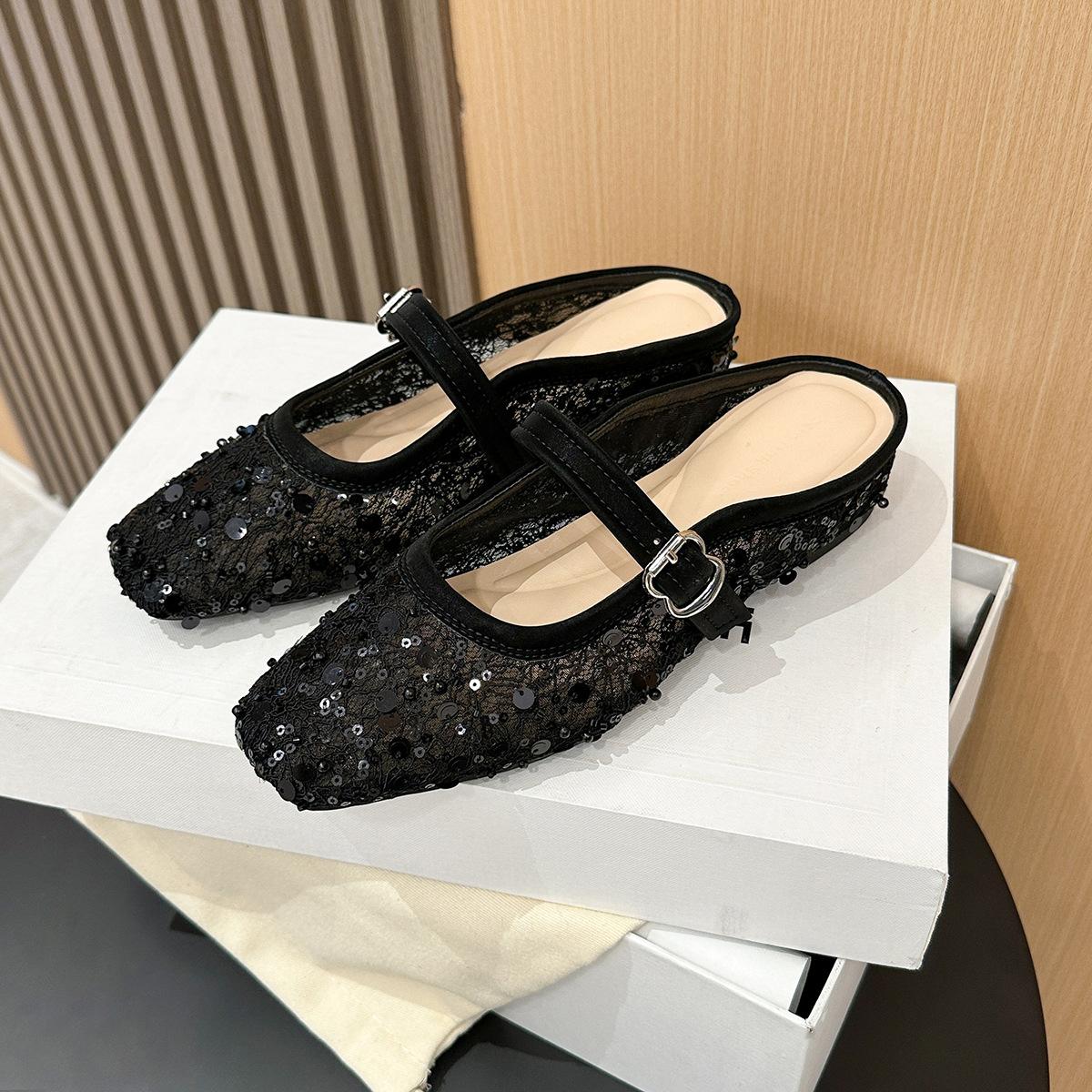 

796-18 Французское сетчатое кружево квадратный носок задник открытый одинарные туфли новые туфли на плоской подошве в стиле Сяосянфэн с внутренней высотой подъема женские туфли 35 чёрный