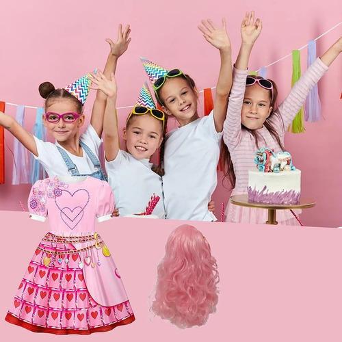 Girls' 4-piece Costume Set, Pink Dress With Pink Wig, Hall