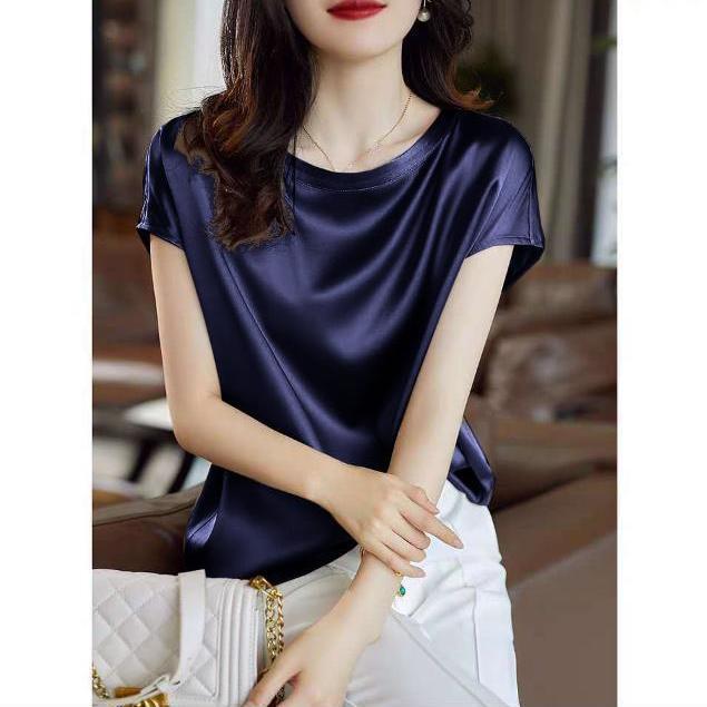 Women's Faux Satin Round Neck Top - Short Sleeve, Solid Color, Versatile, Drop Shoulder, Summer Style