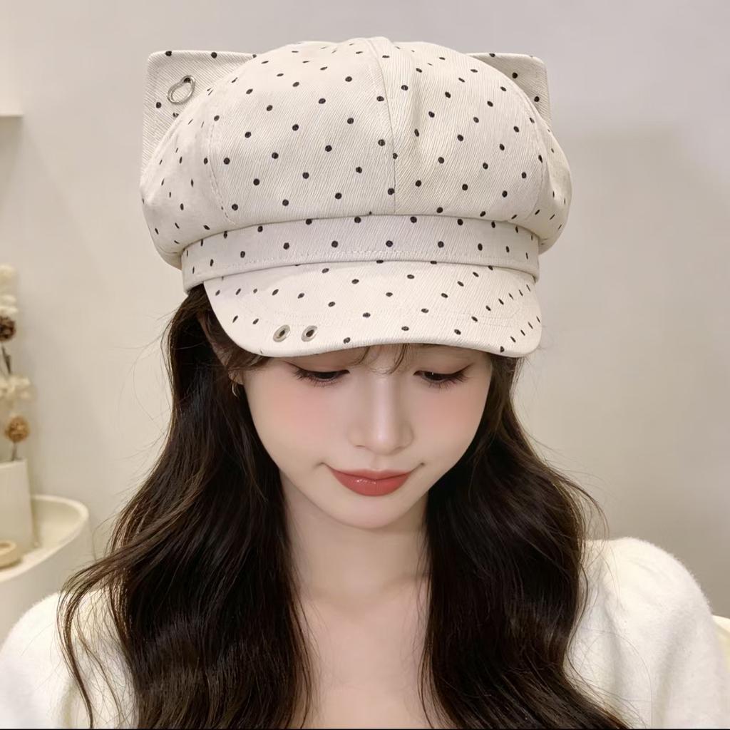 Retro polka dot cat-ear soft and cute duckbill cap for women, autumn and winter sunshade newsboy cap, trendy and face-slimming octagonal hat