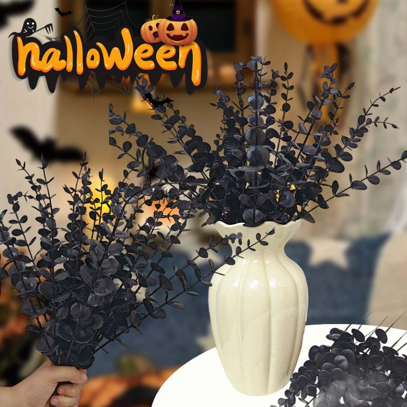 Artificial Black Eucalyptus Leaves Branches Stems Silk Fake Leaf Plant Floral Bouquet DIY Home Halloween Party Decor Supplies