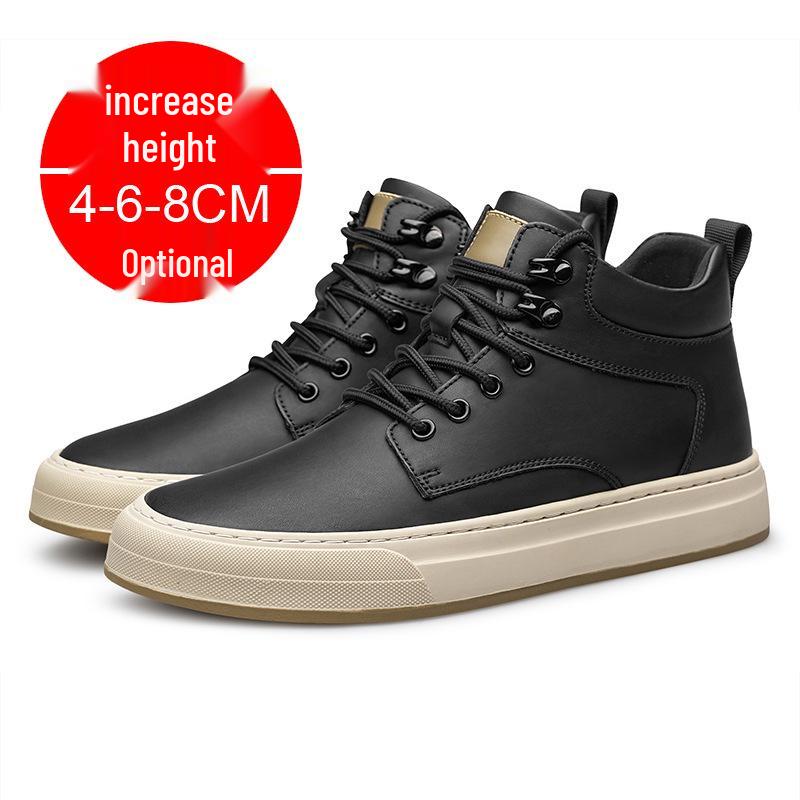 Men's Autumn Invisible Height-Boost 8cm Breathable Cowhide 6-Hole Mid-Top Shoes, British Style Sports Casual Board Sneakers