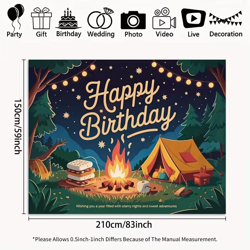2D Cartoon Campfire Tent Birthday Backdrop Starry Night Outdoor Theme Party Decor Background