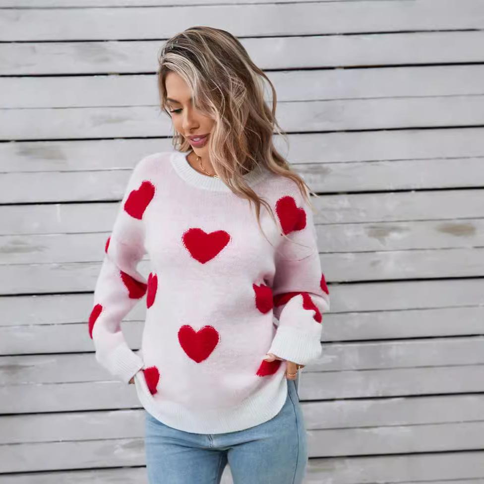 Winter Women's Sweater Love Valentine's Day Pullover Large Peach Heart Color Clash Sweater