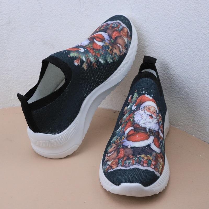 Large size spring and autumn new casual single shoes Santa Claus round head women's sports shallow mouth fly-woven breathable single shoes
