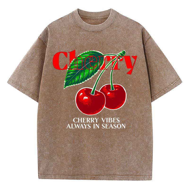 Casual Womens Acid Wash T-Shirts Cherry Vibes Always In Season Prints Tees Distressed Oversize Cotton Short Sleeve Clothes