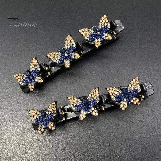 2Pcs Women Hairpins Sparkling Faux Crystal Butterflies Decor Braided Hair Clips Double Layer Bang Hair Pins