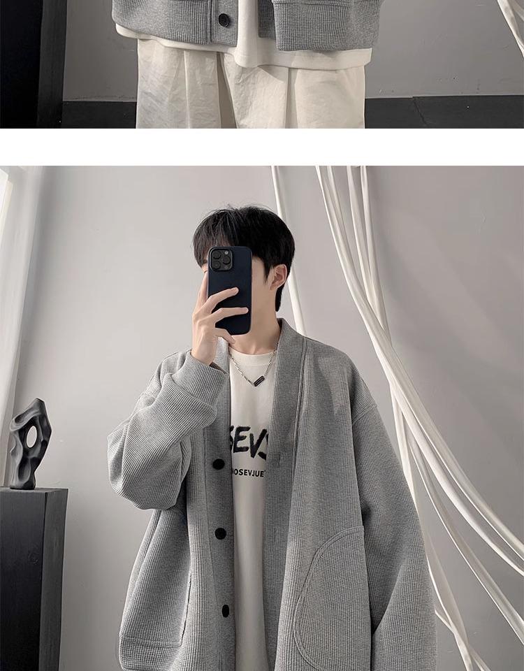 Men's Trendy V-Neck Waffle Knit Cardigan Hoodie - Spring/Autumn Casual Loose Fit Jacket