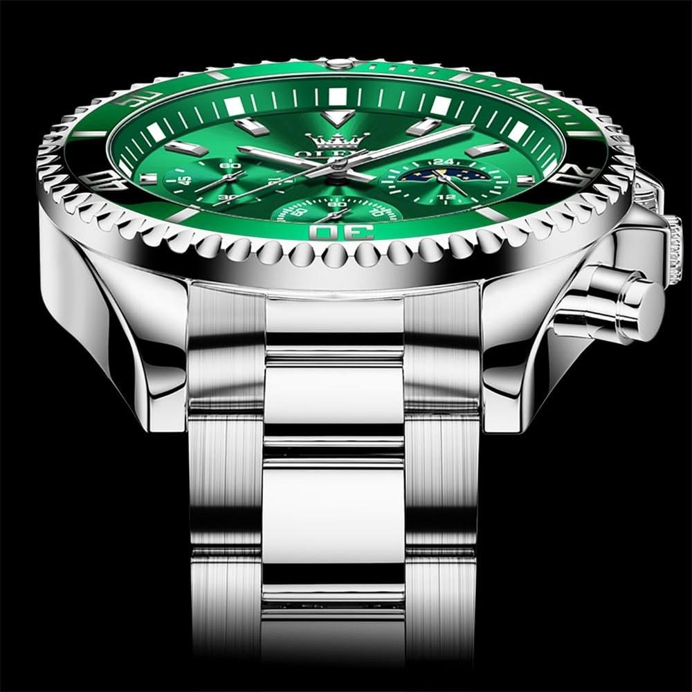 OLEVS Men's Quartz Watch Chronograph Waterproof Luminous Stainless Steel Band Green Wristwatch Business Easy-to-Read
