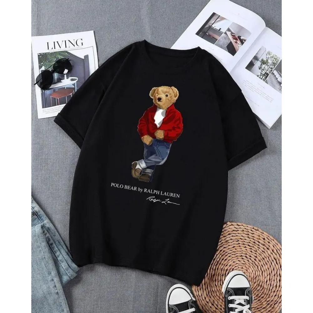 Cute Bear Printed Summer Women's T-shirt Light Luxury Trendy Brand Y2K Loose Casual Short Sleeved Top