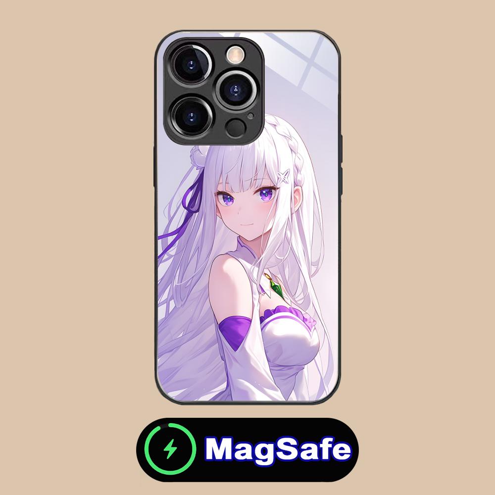 ReZero Emilia Waifu Mobile Phone Case for iPhone 17 16 15 14 13 12 11 Air Pro Max Plus Mini MagSafe Glass Colorful Cover Luxury