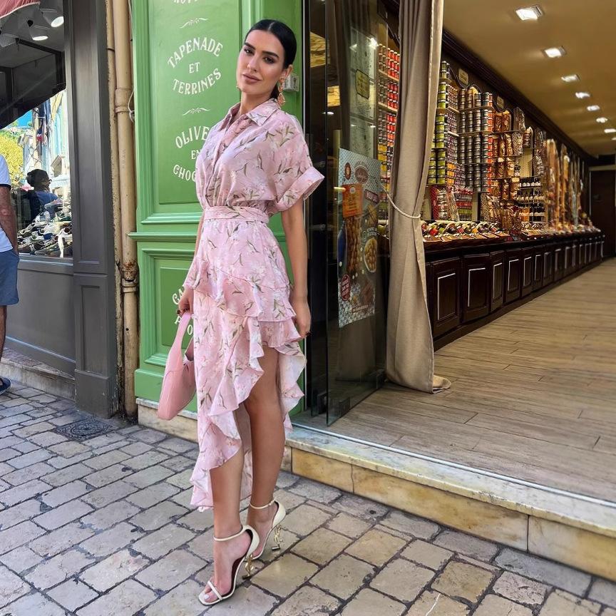 Spot Temperament Printed Lotus Leaf Edge Irregular Hem Sexy Dress Spring New European Beautiful Woman