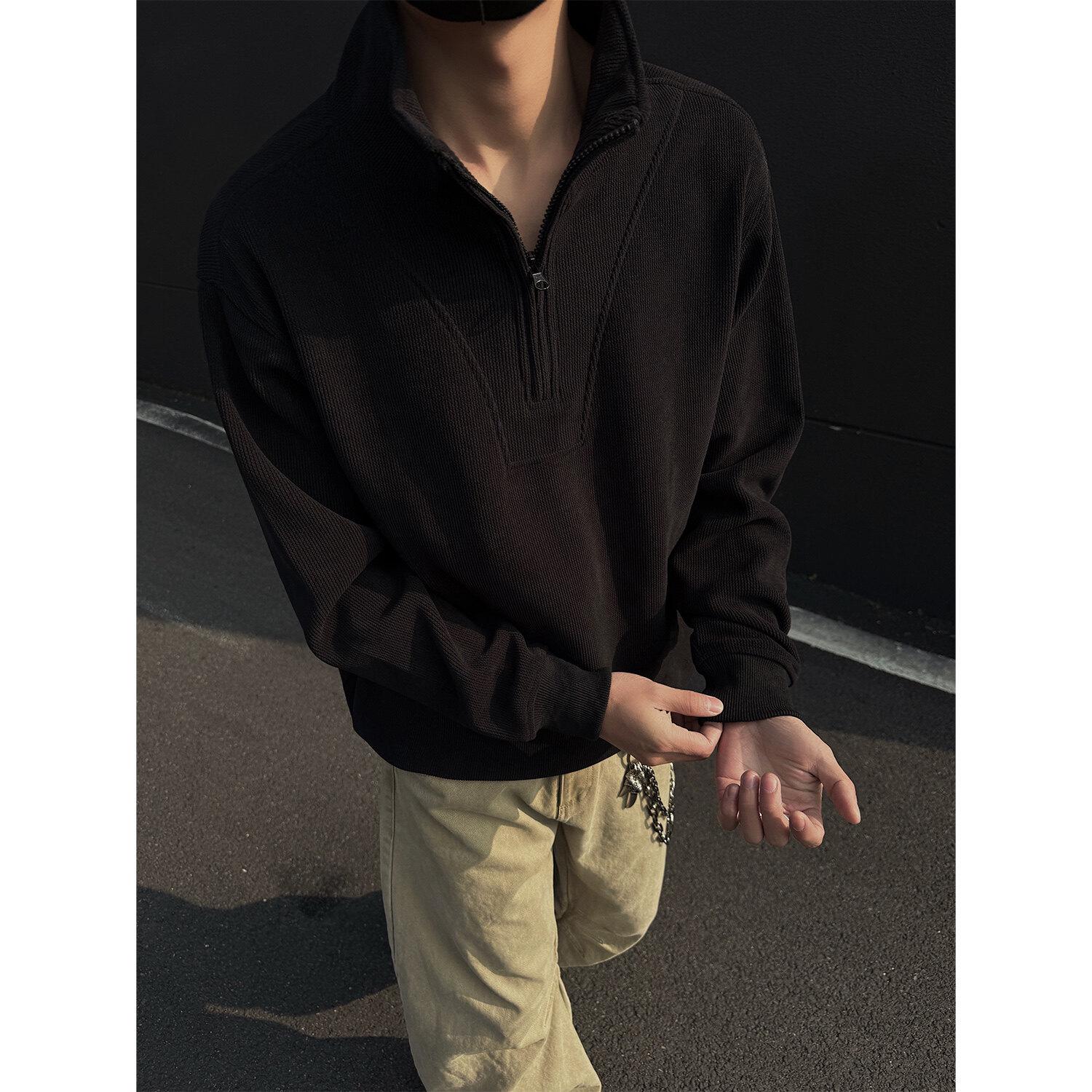 

Men’s American Retro Corduroy Half-Zip High Neck Hoodie, Coffee Color Heavyweight Outerwear M
