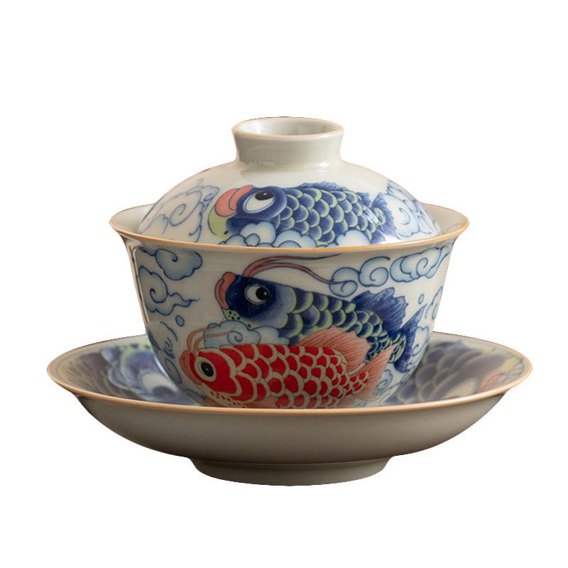 Blue and White Ru Kiln Tea Tureen Handmade Ceramic Gaiwan Porcelain Bowl Saucer Vintage Chinese Kung Fu Teacups Teaware Sets