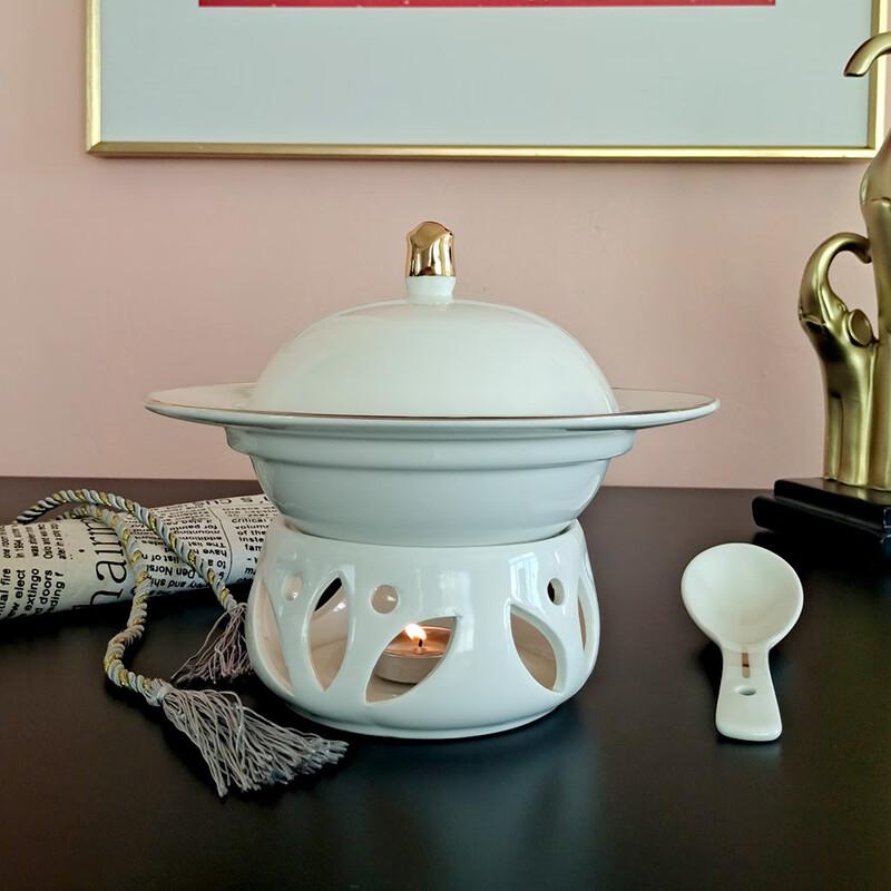 Huazao Baijia LIU Magnolia Gold Rim Ceramic Dessert Bowl with Warmer Set