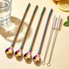 6Pcs Reusable Straw Spoon Tableware Stainless Steel Metal Straw Cocktail Drinking Straw Spoon Milk Bar Coffee Stirring Accessory