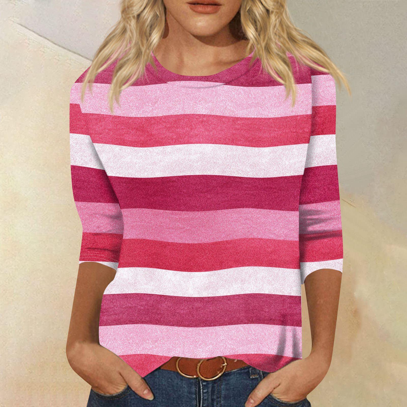 

Women s Fashionable Casual Round Neck Three-quarter Sleeve Striped Printed T-shirt Top M рожевий