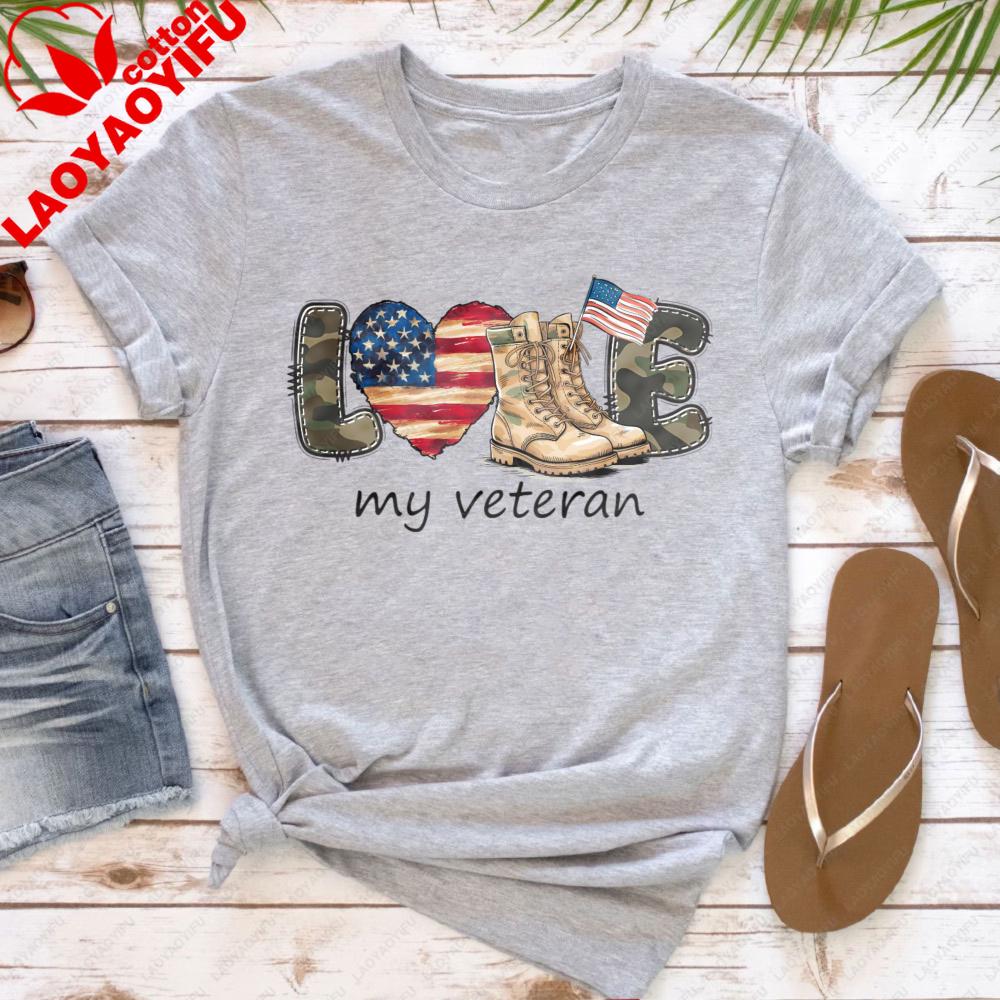 Love My Veteran Shirt Patriotic American Flag Tees Vintage Print Women Clothes Round Neck Tshirt Veteran Creative Gift