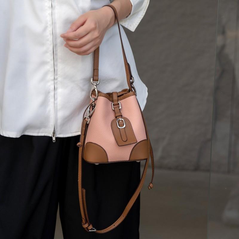 Fashionable Ins Drawstring Bucket Bag TOGO Top-layer Cowhide Contrasting Cross-shoulder Shoulder Genuine Leather Women's Single