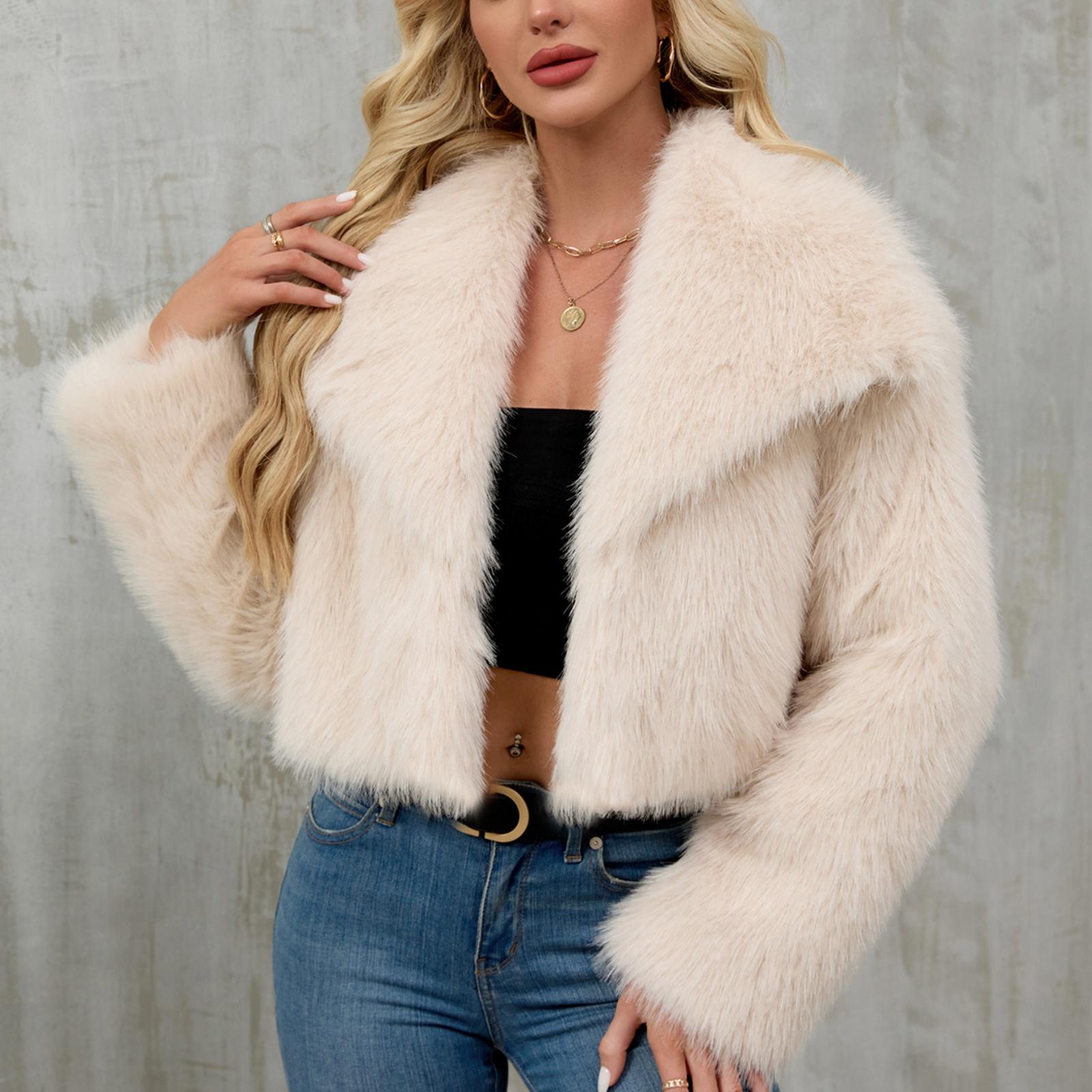 

Модная женская плюшевая короткая куртка с воротником-стойкой M бежевый