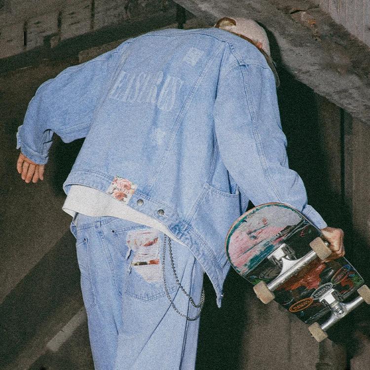 Li Ning X Pleasures Collaboration Skateboard Series Loose Wash Distressed Denim Jacket Men Jacket Light-Blue AJDT751-2