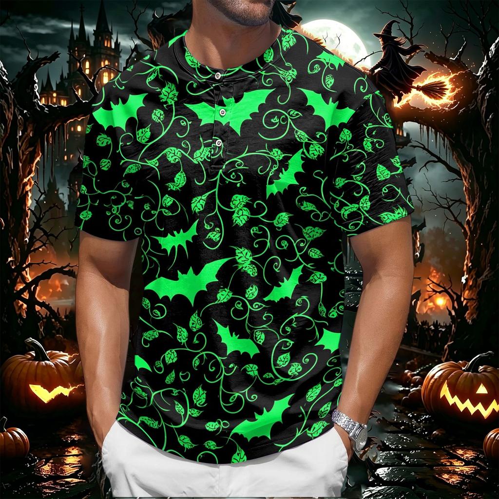 Men's Halloween Printed Crew Neck Short Sleeve Shirt Casual Loose Fit Top with and Pumpkin Pattern for Holiday