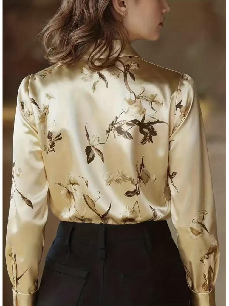 Elegant Retro French Oil Painting Long Sleeve Women's Shirt, 2025 European and American Design