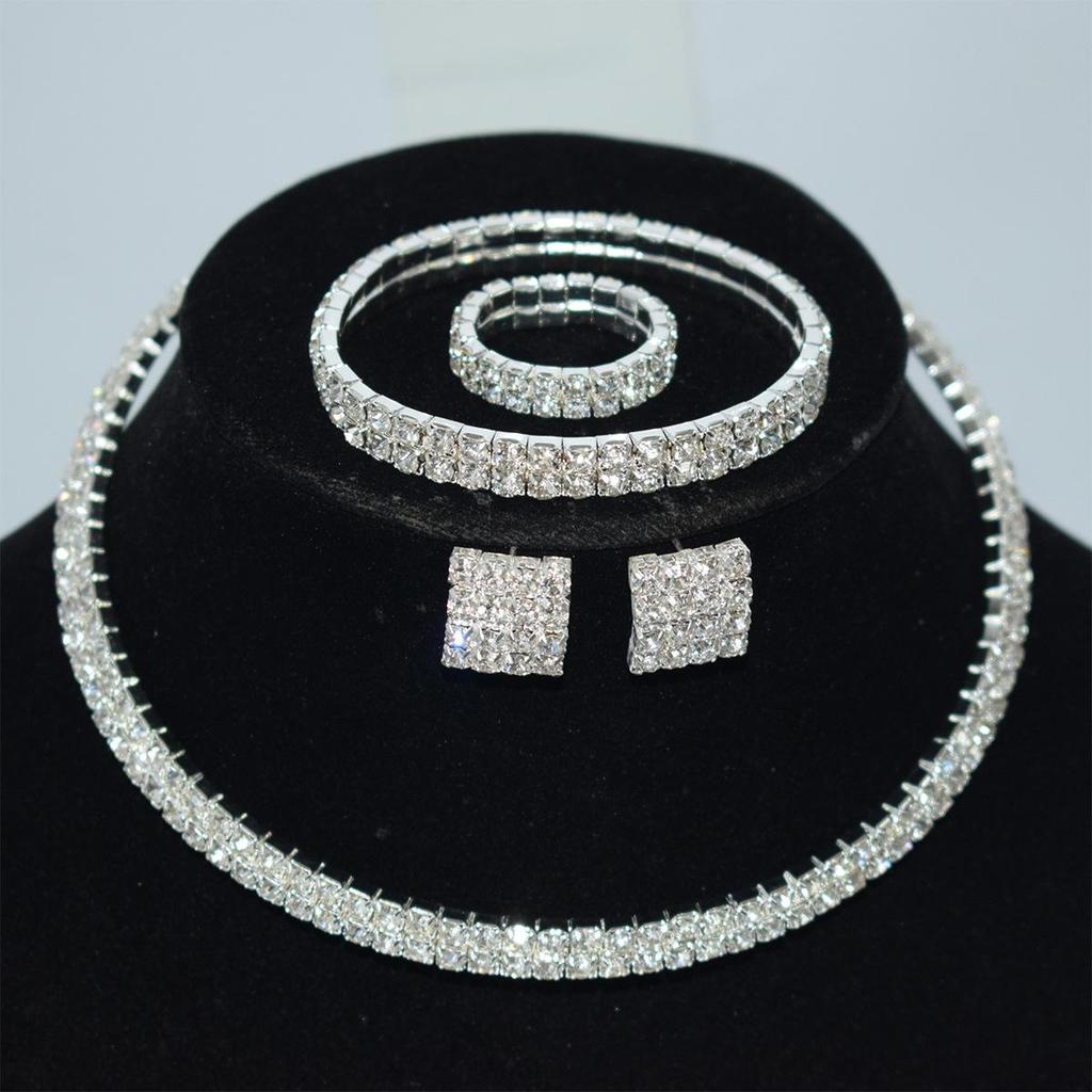 Gold & Silver Rhinestone Jewelry Set: Choker, Bracelet, Stud Earrings, & Necklace