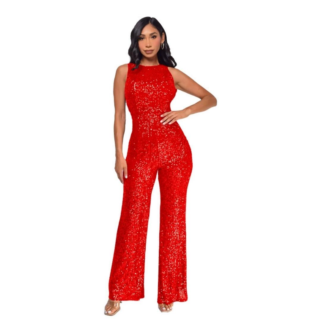 Sommer ärmelloser Jumpsuit Pailletten Jumpsuit Rundhals Schlank Damen Jumpsuit Damen XXXL rot