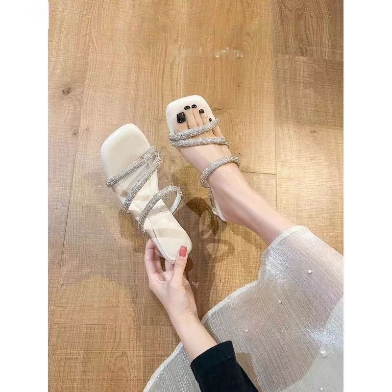 2025 Summer New Rhinestones Open-toed Thick High Heels Open-toed Sandals Women's Simple Square Head One-word Slippers