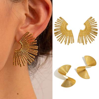 CARLIDANA Gold Plated Geometric Fan-shaped Circle Exaggerated Statement Punk Stainless Steel Twisted Earring Jewelry for Women