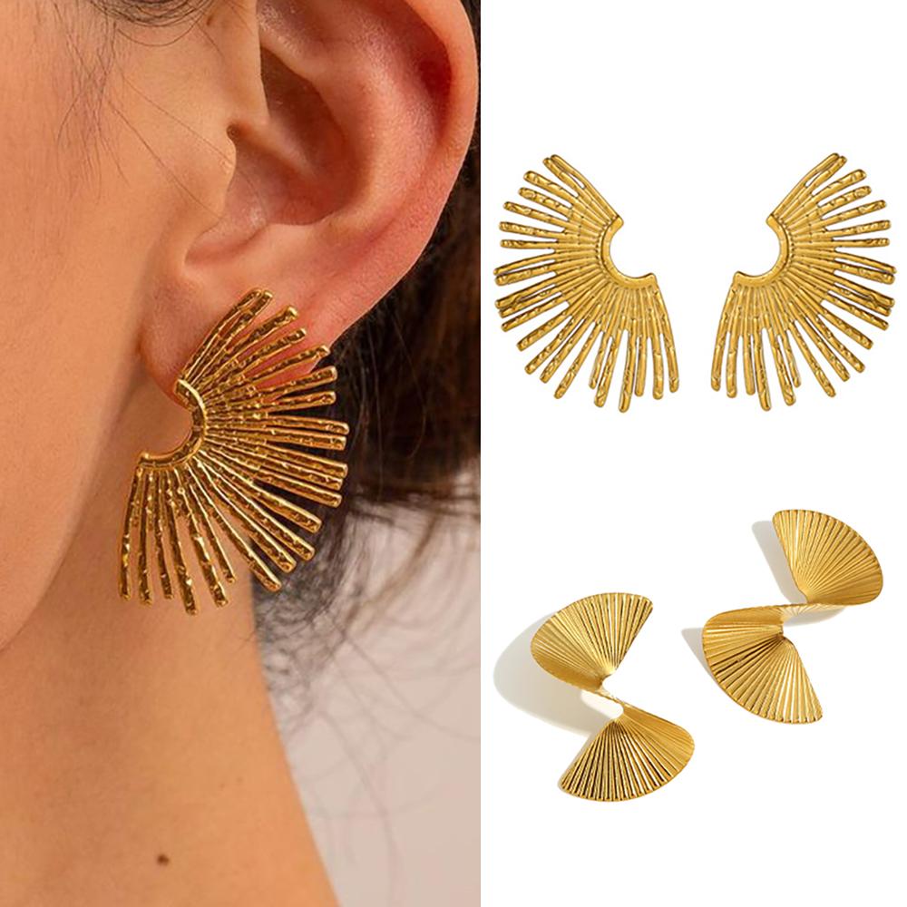 CARLIDANA Gold Plated Geometric Fan-shaped Circle Exaggerated Statement Punk Stainless Steel Twisted Earring Jewelry for Women