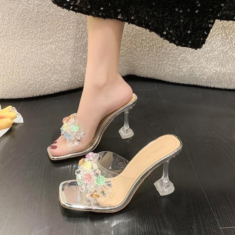 Shoes for Women Sexy Woman Slippers Heeled Sandals Clear Open Toe Slides Crystals Shoe H Sandal Easy Wears Low Price Stylish Vip