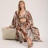 Zebra Print Satin Pajamas Women's Long Robe and Pants 3-Piece Homewear Set 