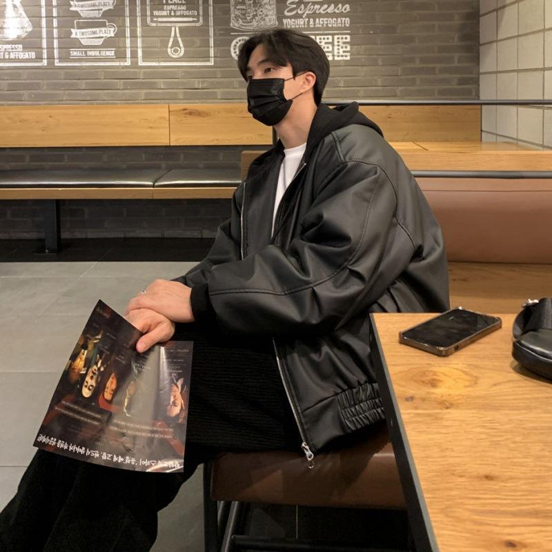 

Кожаная куртка с капюшоном, мужская весенняя новая свободная верхняя часть, корейский стиль, модная кожаная куртка XL чёрный